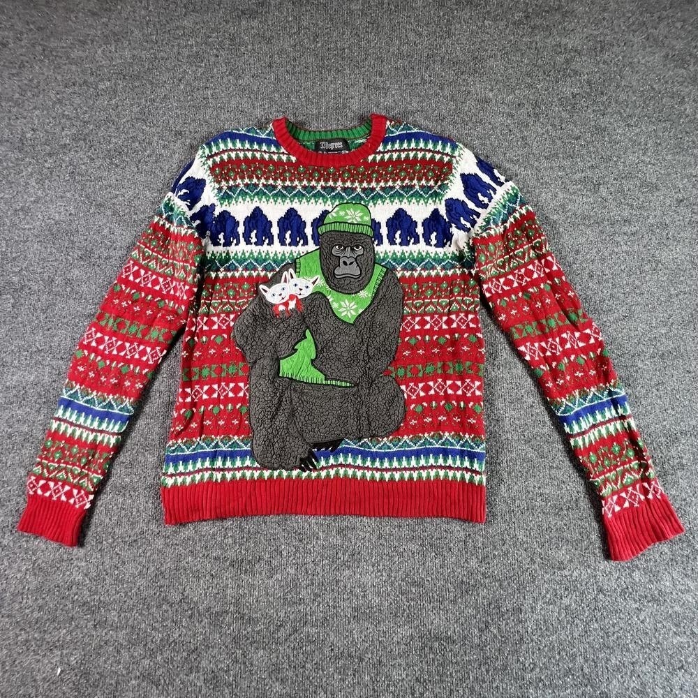 33 Degrees Sweater Women's M Red Cotton Knit Graphic Crew Neck Gorilla Kittens